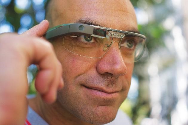 a man wearing a google glass, an obsolete technology.